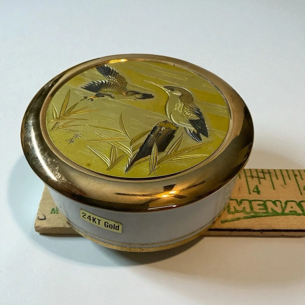 Art of Chokin 24k Gold Trim Porcelain Keepsake Trinket Box Fish Bird Japan Vtg‎